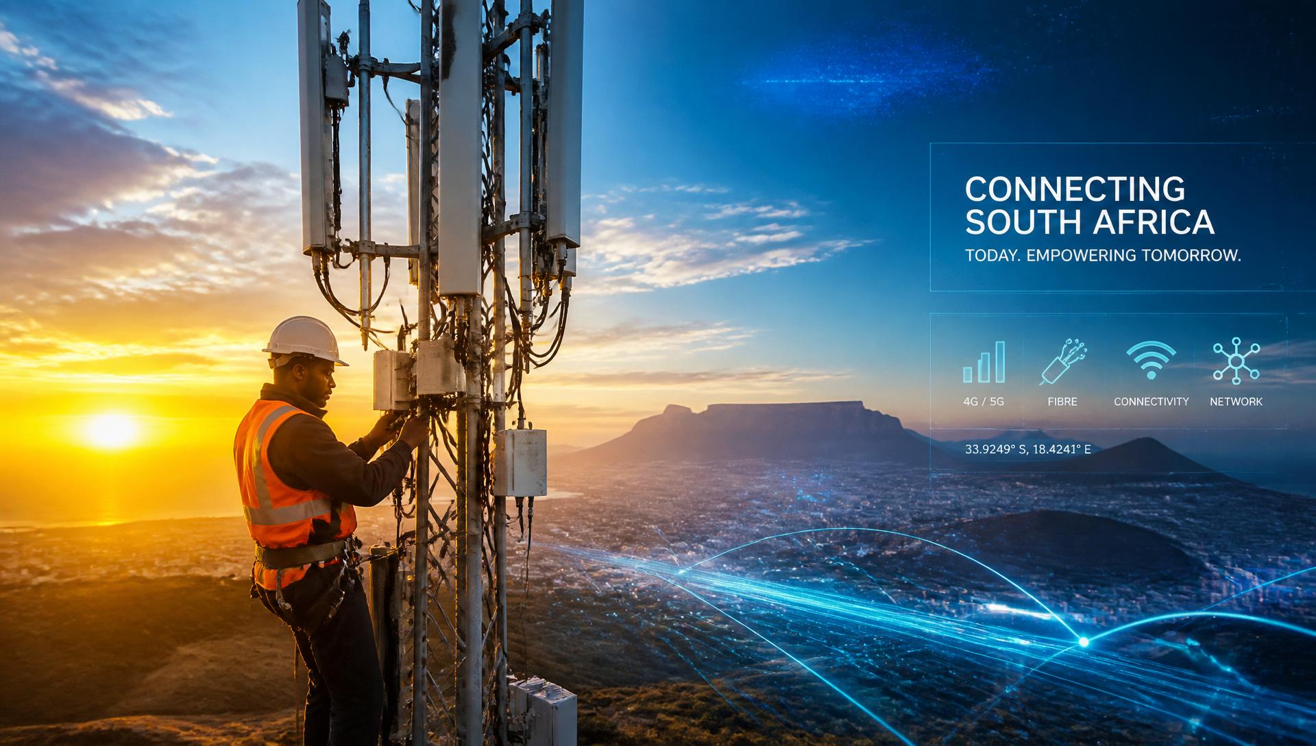Telecommunications engineer working on a network tower in South Africa